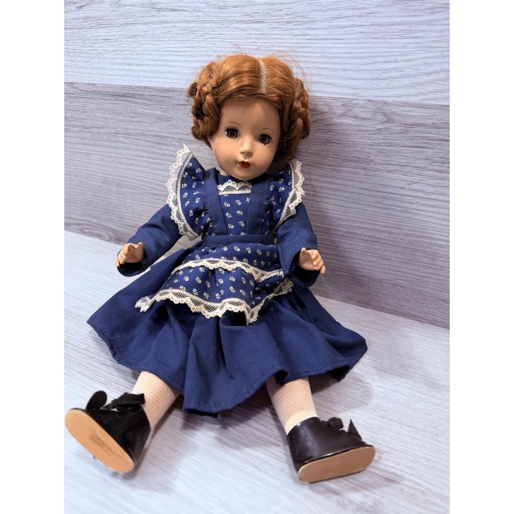 Vintage Hard Plastic Doll 14" Auburn Braided Crown Wig Green Sleep Eyes